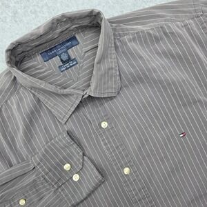 Tommy Hilfiger Men's Large Custom Fit Gray White Stripe Long Sleeve Button Shirt